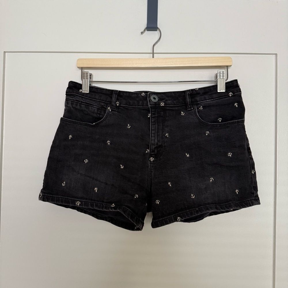 Scotch & Soda Jean Shorts 3'' Womens Sz 28 Black Anchor Embroidered Denim Summer